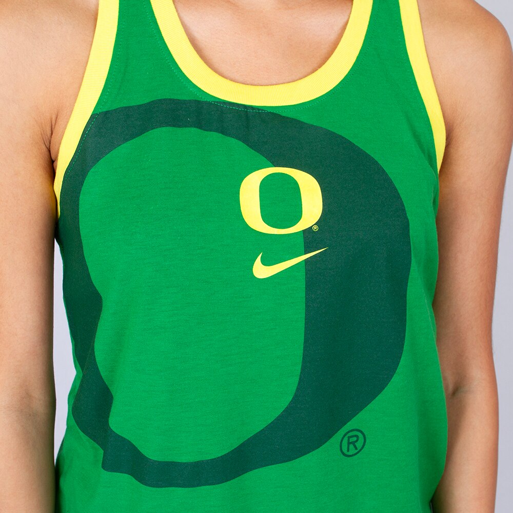 Classic Oregon O, Nike, Green, Sleeveless, Tri-blend, Women, Shadow, Primetime, Racerback, Shirt, 897054